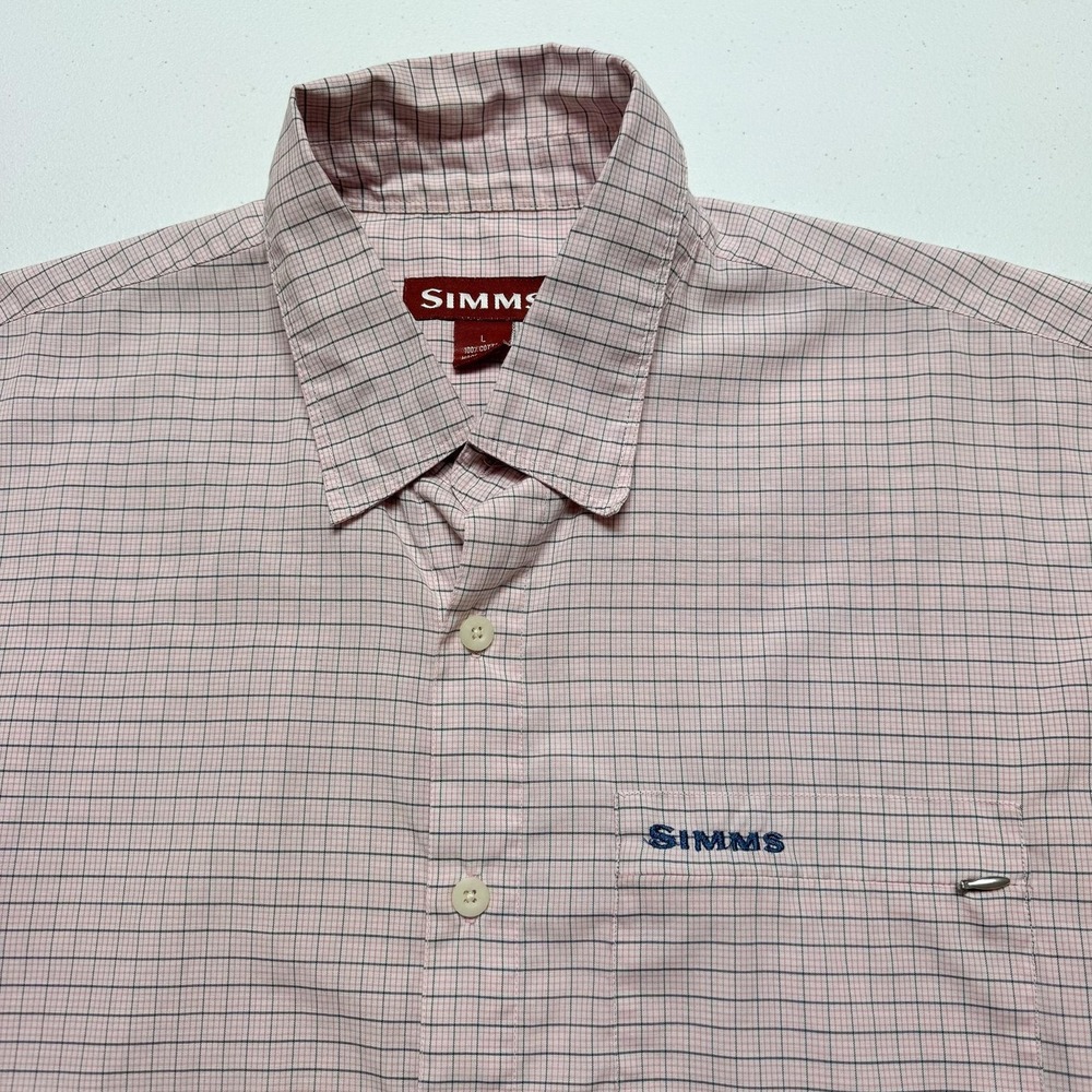 Simms Shirt Mens Large Pink Plaid Short Sleeve Button Front Fishing 3XDRY Tech